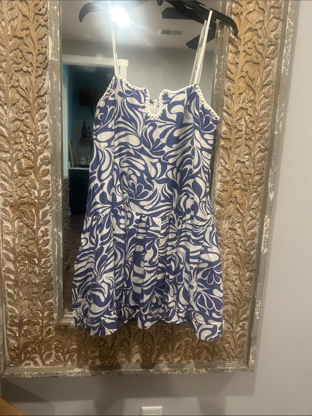 Blue and White Floral-Tile Print Mini Dress with Spaghetti Straps